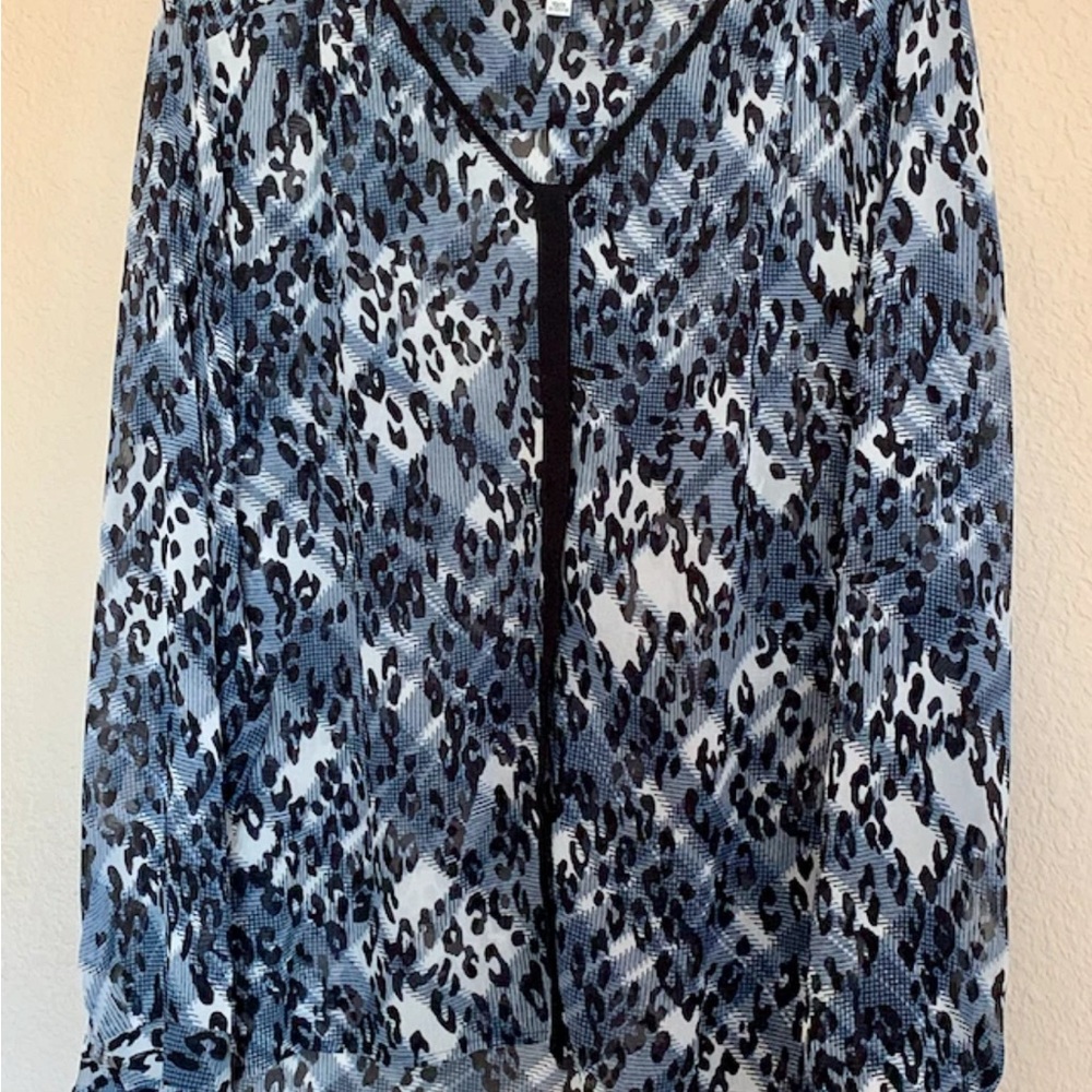 CAbi Fatale #977 Blue Black Animal Print Sheer Blouse Shirt Top Size L